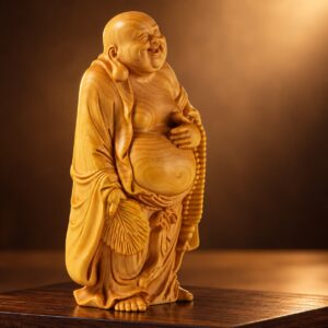 Angled studio view of the cypress wood Laughing Buddha with fan