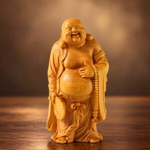 Cypress wood Laughing Buddha statue with lowered fan and long prayer beads