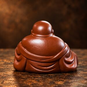 Rear view of the purple clay Laughing Buddha showing the curved robe folds