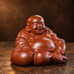 Front view of the reddish-brown seated purple clay Laughing Buddha with hands resting on knees