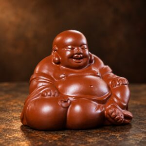 Front view of the reddish-brown seated purple clay Laughing Buddha with hands resting on knees