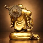 Rear studio view showing the woven hat, robe and money bag base of the copper Laughing Buddha