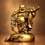Front studio view of a gold-tone copper Laughing Buddha standing on a money bag with hanging coins, staff and gourds