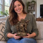 A woman holding the 27 cm copper Laughing Buddha with coins in soft room light