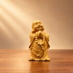 Front studio view of the miniature cypress wood Laughing Buddha with joined hands and a prayer-bead loop