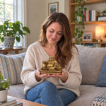 Woman holding the small gold-colored copper Laughing Buddha with an ingot in her living room