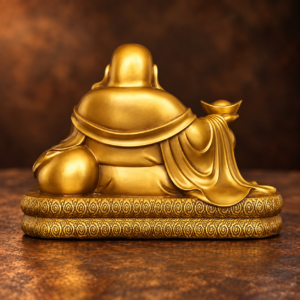 Rear studio view of the gold-colored copper Laughing Buddha with an ingot and patterned oval base