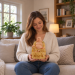 Woman holding the selected LBS-P036 Laughing Buddha naturally in soft room light