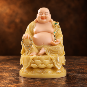 26 cm painted jade-powder composite Laughing Buddha on lotus base — studio view