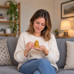 Woman holding 7.5 cm gold-colored resin Laughing Buddha riding money frog naturally at home