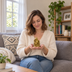Woman holding 12 cm copper Laughing Buddha with ruyi and beads on layered lotus naturally at home