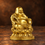12 cm copper Laughing Buddha with ruyi and beads on layered lotus — studio view