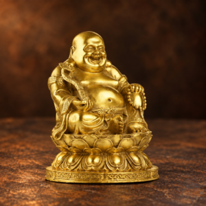 12 cm copper Laughing Buddha with ruyi and beads on layered lotus — studio view