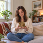 Woman holding the 14 cm copper Laughing Buddha in natural room light