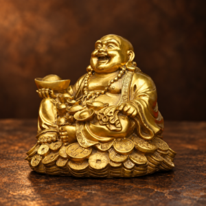 14 cm copper Laughing Buddha with ingot on coins — studio view