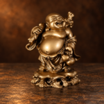 Bronze-colored resin standing Laughing Buddha with shoulder bag, gourd and cloud base — studio view