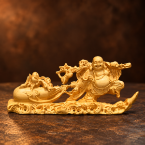 Cypress wood Laughing Buddha pulling money bag — studio view