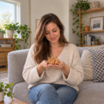 Woman holding the reclining cypress wood Laughing Buddha in natural room light