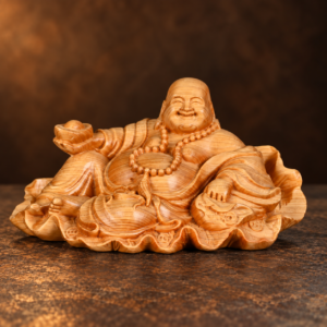 Reclining cypress wood Laughing Buddha with ingot — studio view