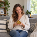 Woman holding Gold-colored resin seated Laughing Buddha with ingot and coin pendant on oval lotus naturally at home