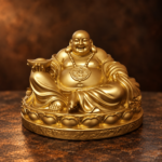 Gold-colored resin seated Laughing Buddha with ingot and coin pendant on oval lotus — studio view