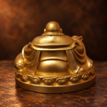 Rear studio view of the gold-colored resin Laughing Buddha showing robe folds and an oval lotus base