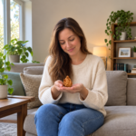 Woman holding Small seated cypress wood Laughing Buddha with ingot on sack naturally at home