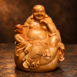 Small seated cypress wood Laughing Buddha with ingot on sack — studio view