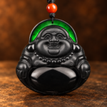 Ink jadeite Laughing Buddha pendant, studio front view