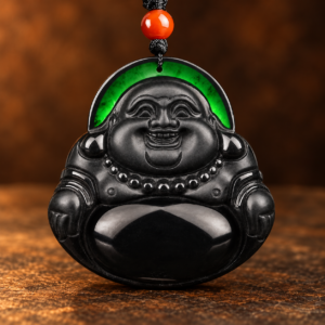 Ink jadeite Laughing Buddha pendant, studio front view
