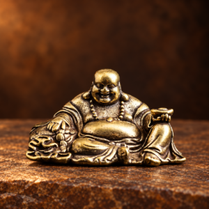 Front studio view of a miniature antique brass Laughing Buddha with an ingot and bead necklace