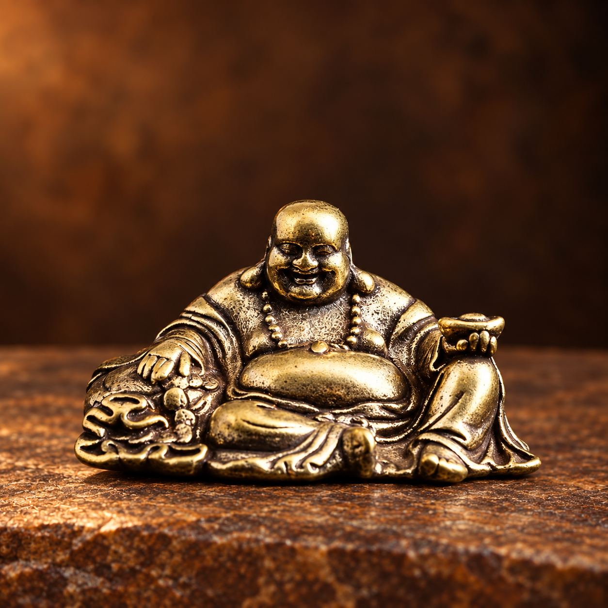 LBS-P046 Antique Brass Laughing Buddha — Studio Front Front studio view of a miniature antique brass Laughing Buddha with an ingot and bead necklace