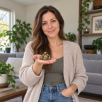 Woman holding the exact miniature antique brass Laughing Buddha with ingot and coin bag on her palm