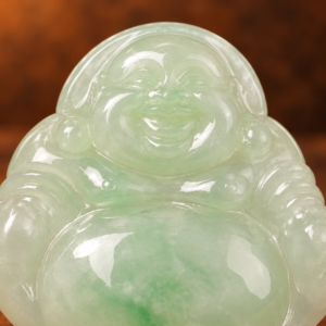 Close-up detail of the same front carving on the pale green jadeite Laughing Buddha pendant