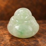 Front studio view of a small pale green jadeite Laughing Buddha bead pendant