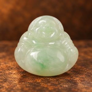Front studio view of a small pale green jadeite Laughing Buddha bead pendant