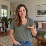 Woman holding the small green resin Laughing Buddha on her palm in natural home lighting