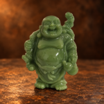 Front studio photo of a small green resin Laughing Buddha carrying a shoulder bag