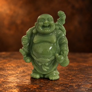 Front studio photo of a small green resin Laughing Buddha carrying a shoulder bag