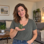 Woman holding the small green resin Laughing Buddha with ingot and coin in natural home light