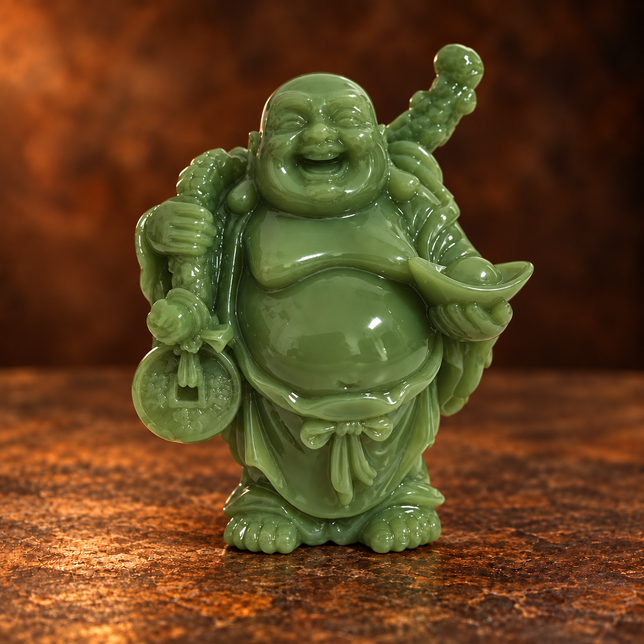LBS-P049 Studio Front Front studio view of a mini green resin Laughing Buddha with a rounded ingot and coin
