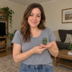 Woman holding the miniature green resin Laughing Buddha with overhead ingot in natural home light