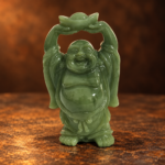 Front studio view of a miniature green resin Laughing Buddha holding one ingot overhead