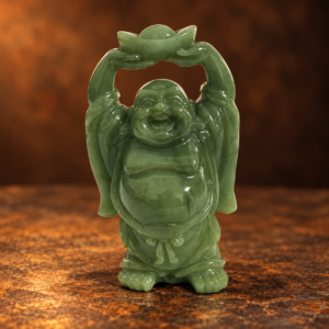Front studio view of a miniature green resin Laughing Buddha holding one ingot overhead