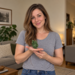 Woman holding a small green resin Laughing Buddha with ingot and beads in natural room lighting
