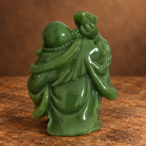 Actual-source rear studio view of the green resin Laughing Buddha with raised ingot