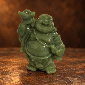 Front studio view of a small green resin Laughing Buddha with one raised ingot and beads