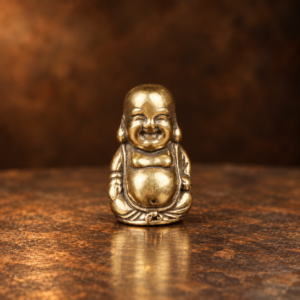 Front studio view of a miniature seated brass Laughing Buddha