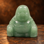 Closer detail of the same front view of the green aventurine Laughing Buddha