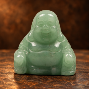 Closer detail of the same front view of the green aventurine Laughing Buddha